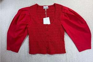 Ganni Women 40  (8/10) Red Cotton Poplin Smock Blouse New With Tags Casual Wear